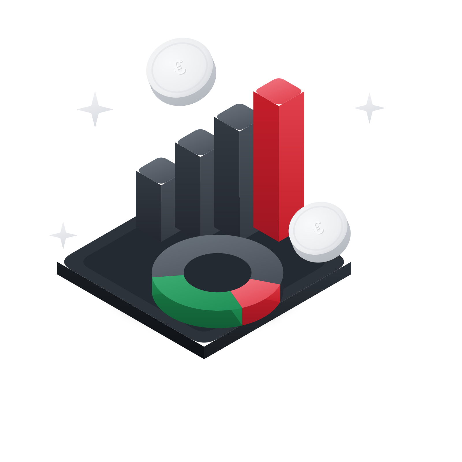 Isometrische 3D-Illustration: ein steigendes Balkendiagramm und ein Ringdiagramm mit silbernen «€»-Münzen auf einem anthrazitfarbenen Sockel, mit einem roten Akzent